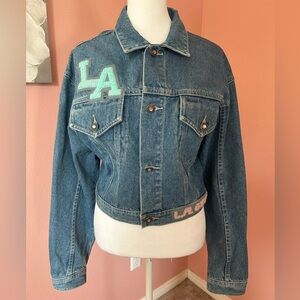 VTG 80s 90s LA GEAR cropped pastel patchwork streetwear jean jacket rockabilly L